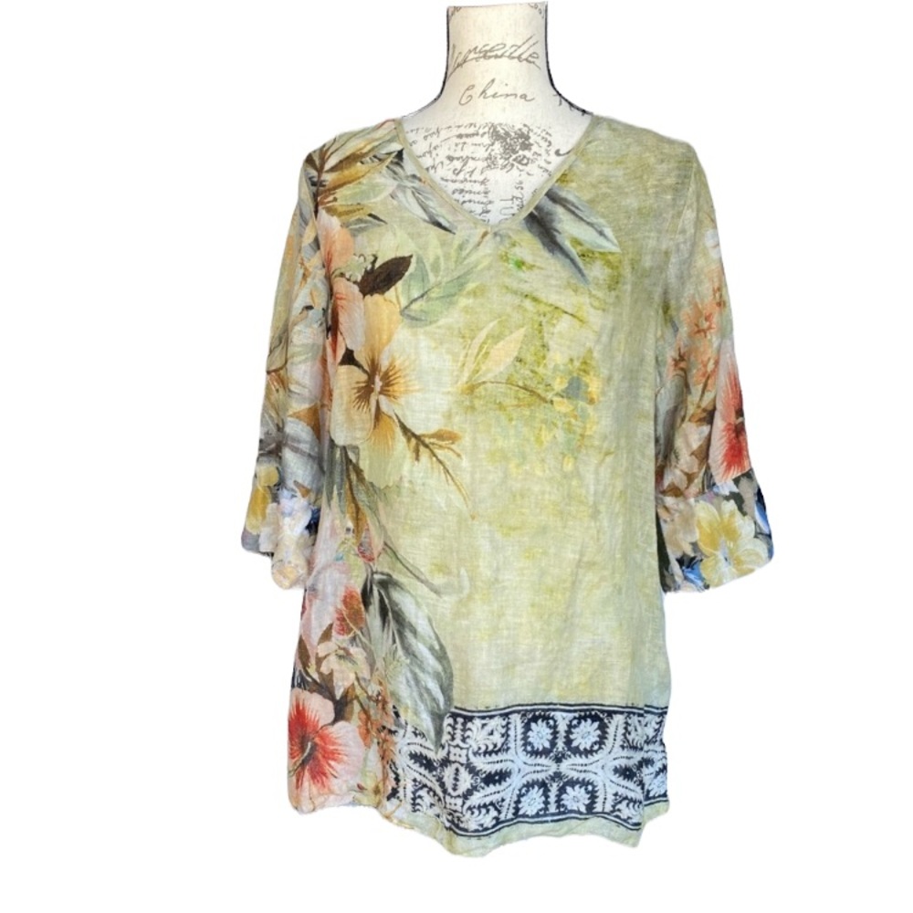 Soft Surroundings Tunic Blouse Chartreuse Secret Garden Romantic Botanical